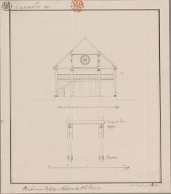 Putziger Heisternest (Jastarnia), ehemals Kreis Neustadt, Regierungsbezirk Danzig (Województwo Pomorskie). Entwurf zur katholischen Kirche. Querprofil und Details der Balkenanlage