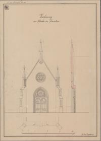 Trantow bei Greifswald. Entwurf zum westlichen Giebel einer Kirche. Grundriss, Ansicht und Profil