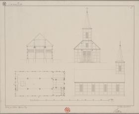 Vettin (Groß Pankow (Prigtz)). Entwurf zu einer Kirche. Grundriss, Querprofil, Seiten- und Vorderansicht