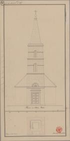 Klein Dexen (Dextry), ehemals Kreis Preußisch Eylau, Regierungsbezirk Königsberg. Entwurf zum Kirchturm der evangelischen Kirche. Ansicht und Grundriss