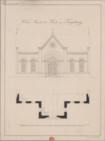Tempelburg (Czaplinek), ehemals Kreis Neustettin, Regierungsbezirk Köslin (Województwo Zachodniopomorskie). Entwurf zu einer Kirche. Vorderansicht und Teil des Grundrisses