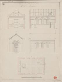Peckelsheim. Entwurf zu einer Kirche. Grundriss, Seiten- und Vorderansicht, Längen- und Querprofil