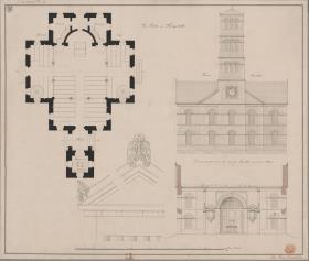 Königshütte (Chorzów, Regierungsbezirk Oppeln). Entwurf zur Elisabethkirche. Grundriss, Aufriss, Querschnitt und Detail des Giebels