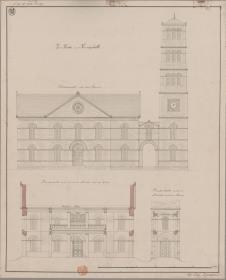 Königshütte (Chorzów, Regierungsbezirk Oppeln). Entwurf zur Elisabethkirche. Aufriss der Seitenfront, Quersschnitt und Turmquerschnitt