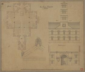 Königshütte (Chorzów, Regierungsbezirk Oppeln). Entwurf zur Elisabethkirche. Grundriss, Aufriss, Querschnitt und Detail des Giebels