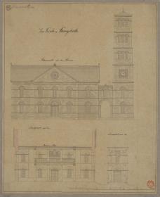Königshütte (Chorzów, Regierungsbezirk Oppeln). Entwurf zur Elisabethkirche. Aufriss der Seitenfront, Querschnitt und Turmquerschnitt