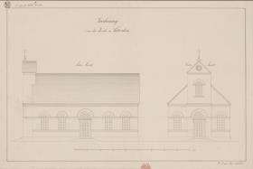 Labischin, ehemals Regierunsgbezirk Bromberg  (Województwo Kujawsko-Pomorskie). Entwurf zu evangelischen Kirche. Seiten- und Vorderansicht