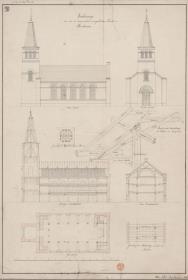 Birnbaum (Międzychód), ehemals Regierungsbezirk Posen (Województwo Wielkopolskie). Entwurf zur evangelischen Kirche. Grundriss, Längendurchschnitt, Querschnitt, Seitenansicht, Vorderansicht und Details der Holzverbindungen