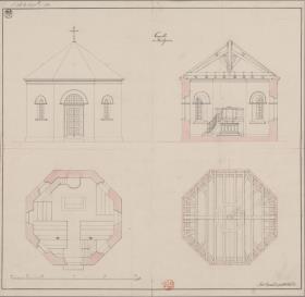 Bulgrin (Białogórzyno), ehemals Kreis Belgard, Regierungsbezirk Köslin (Województwo Zachodniopomorskie). Entwurf zu einer Kirche. Grundrisse, Ansicht und Durchschnitt