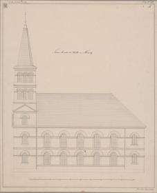 Meseritz (Międzyrzecz), ehemals Regierungsbezirk Posen (Województwo Lubuskie). Entwurf zur evangelischen Kirche. Seitenansicht