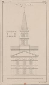 Meseritz (Międzyrzecz), ehemals Regierungsbezirk Posen (Województwo Lubuskie). Entwurf zur evangelischen Kirche. Vorderansicht und halber Grundriss der obersten Turmetage