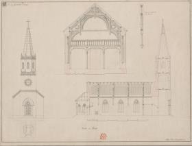 Magdeburg, Prester. Entwurf zur Immanuelkirche. Aufriss, Längen- und Querschnitt