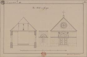 Gorzyce, ehemals Kreis Wongrowiec, Regierungsbezirk Bromberg (Województwo Wielkopolskie). Entwurf zu einer Kirche. Vorderansicht, Profil und Fenster