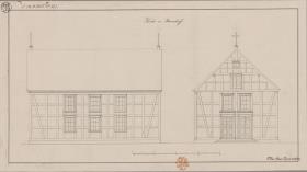 Baarenhof (Dworek), ehemals Kreis Marienburg, Regierungsbezirk Danzig (Województwot Pomorskie). Entwurf zur evangelischen Kirche. Vorder- und Seitenansicht