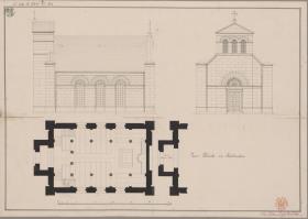 Jablonken (Jabłonka), ehemals Kreis Ortelsburg, Regierungsbezirk Königsberg (Województwo Warmińsko-Mazurskie). Entwurf zur evangelischen Kirche. Grundriss, Grundriss der 2. Turmetage, Seiten- und Vorderansicht