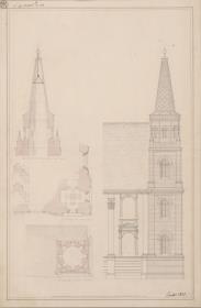 Brieg (Brzeg, Regierungsbezirk Breslau). Entwurf zum Turmausbau der Kreuzkirche. Teilaufriss der Seitenfront, Grundrisse eines der Türme und Schnitt der Turmspitze