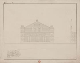Berlin. Entwurf zum Exerzierhaus für das Kaiser Alexander Garde-Grenadier-Regiment vor dem Prenzlauer Tor. Vorder- und Seitenaufriss des Giebels