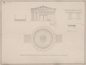 Aachen. Entwurf zum Elisenbrunnen. Querschnitt, Untersicht der Decke und Details zum Gebälk und Gitter