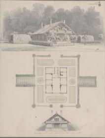 Rügen. Gasthaus am Stubbenkammer. Perspektivische Ansicht, Grundriss und Giebelansicht