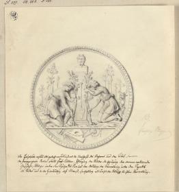 Die Entstehung der Kultur, symbolisiert durch das Pflanzen von Bäumen unter dem Schutz von Pan. Entwurf zum Revers einer Medaille