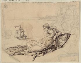 Ariadne mit dem segelndem Schiff des Theseus im Hintergrund