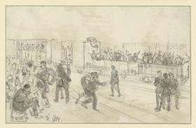 Militärtransport auf der Eisenbahn, vorn Soldatengruppen