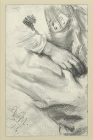Kostümstudie einer weiblichen Figur, rechte Hand im Schoß ruhend
