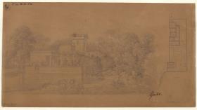 Potsdam-Sanssouci. Römische Bäder. Entwurf zum Gärtnerhaus und Pavillon am See. Ansicht