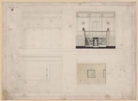 Potsdam-Sanssouci. Schloss Charlottenhof. Entwurf zum Treppenhaus-Vestibül. Wandaufteilung und Fußbodenaufsicht. Aufrisse, Grundriss, Schnitt