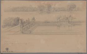 Potsdam-Sanssouci. Schloss Charlottenhof. Bassin vor der Terrasse mit liegender und sitzender Quellnymphe. Ansicht