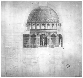 Berlin. Schloss. Entwurf zur Kapelle über Portal III und zur Treppe zum Weißen Saal. Schnitt, mit Angabe der Innendekoration