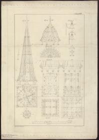 Holzkonstruktionen. Turmspitze, Turmhaube, Glockenaufhängung. Grundriss, Aufriss, Details