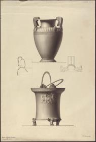 Vorzeichnung für die Vorbilder für Fabrikanten und Handwerker. Teil 2, Abteilung 2, Blatt 2: Zwei antike Gefäße aus Bronze aus Museo Borbonico in Neapel