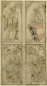 Drei Entwürfe zu Glasgemälden. Oben links: Die hl. Walpurgis. Oben rechts: Orientale mit dem Wappen von Kamten. Unten links: Landsknecht mit dem Wappen von Burgund. Unten rechts: Landsknecht mit dem Wappen von Krain