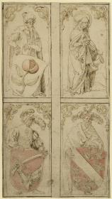 Drei Entwürfe zu Glasgemälden. Oben links: Orientale mit dem Wappen von Granada. Oben rechts: Die hl. Elisabeth. Unten links: Landsknecht mit dem Wappen von Slawonien. Oben rechts: Ritter mit dem Wappen von Elsaß
