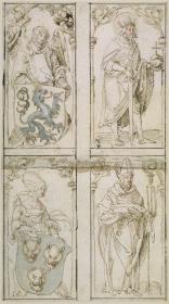 Drei Entwürfe zu Glasgemälden. Oben links: Engel mit dem Wappen von Steiermark. rechts: Kaiser Karl d. Große oder Heinrich II. (Vorfahr Maximilians). Unten links: Eine Edelfrau mit dem Wappen von Dalmatien. Unten rechts: Ein Bischof (der hl. Ulrich?)