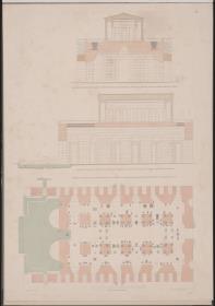 Werke der höheren Baukunst, 1848, Tafel 13. Schloss Orianda auf der Krim. Antikischer Entwurf. Zwei Schnitte und Grundriss vom Untergeschoss
