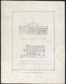 Sammlung architektonischer Entwürfe. Tafel 10 ( = Heft 2 erste Folge, Tafel 10, 1821): Berlin. Schauspielhaus auf dem Gendarmenmarkt. Längsschnitt und Querschnitt