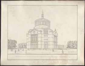 Sammlung architektonischer Entwürfe. Tafel 103 ( = Heft 16, Tafel 97, 1829): Berlin, Oranienburger Vorstadt. Entwurf zu einer Kirche (Vorstadtkirche Typ 5, "Kirche in Kreuzform"). Perspektivische Ansicht