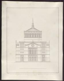 Sammlung architektonischer Entwürfe. Tafel 104 ( = Heft 16, Tafel 98, 1829):  Berlin, Oranienburger Vorstadt. Entwurf zu einer Kirche (Vorstadtkirche Typ 5, "Kirche in Kreuzform"). Aufriss der Front