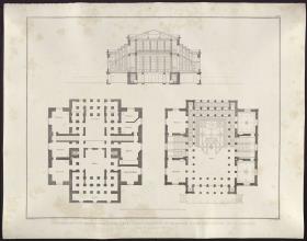 Sammlung architektonischer Entwürfe. Tafel 108 ( = Heft 16, Tafel 102, 1829): Magdeburg. Gesellschaftshaus. Grundrisse und Schnitt