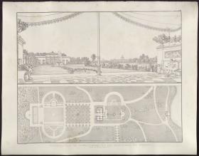 Sammlung architektonischer Entwürfe. Tafel 109 ( = Heft 18, Tafel 109, 1831): Potsdam-Sanssouci. Schloss Charlottenhof. Ansicht von der Exedra und Grundriss