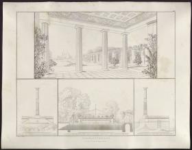 Sammlung architektonischer Entwürfe. Tafel 110 ( = Heft 18, Tafel 110, 1831): Potsdam-Sanssouci. Schloss Charlottenhof. Ansicht von der Exedra auf Schloss und Park
