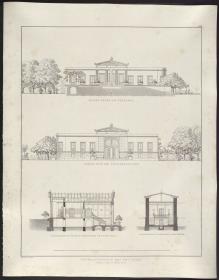 Sammlung architektonischer Entwürfe. Tafel 112 ( = Heft 18, Tafel 112, 1831): Potsdam-Sanssouci. Schloss Charlottenhof. Zwei Ansichten und zwei Schnitte