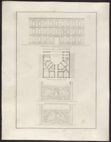 Sammlung architektonischer Entwürfe. Tafel 113 ( = Heft 18, Tafel 113, 1831): Berlin. Feilnerhaus. Fassadenansicht, Grundriss und Reliefs der Fensterbrüstungen