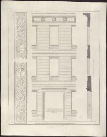 Sammlung architektonischer Entwürfe. Tafel 114 ( = Heft 18, Tafel 114, 1831): Berlin. Feilnerhaus. Fassadenriss und Schnitt, Reliefs der Türlaibung