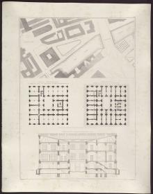 Sammlung architektonischer Entwürfe. Tafel 116 ( = Heft 20, Tafel 122, 1833): Berlin. Bauakademie. Lageplan, zwei Grundrisse und Querschnitt