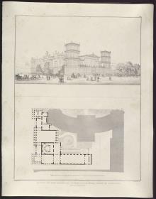 Sammlung architektonischer Entwürfe. Tafel 135 ( = Heft 26, Tafel 161, 1838): Berlin, Unter den Linden. Palais Prinz Wilhelm. Entwurf mit Ecktürmen. Ansicht und Grundriss mit Hofbibliothek am Opernplatz