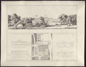 Sammlung architektonischer Entwürfe. Tafel 137 ( = Heft 28, Tafel 169, 1840): Berlin. Schloss Glienicke. Grundriss und Ansichten