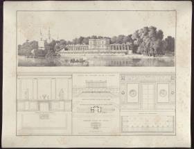 Sammlung architektonischer Entwürfe. Tafel 138 ( = Heft 28, Tafel 170, 1840): Berlin. Schloss Glienicke, Casino. Grundriss und Ansichten